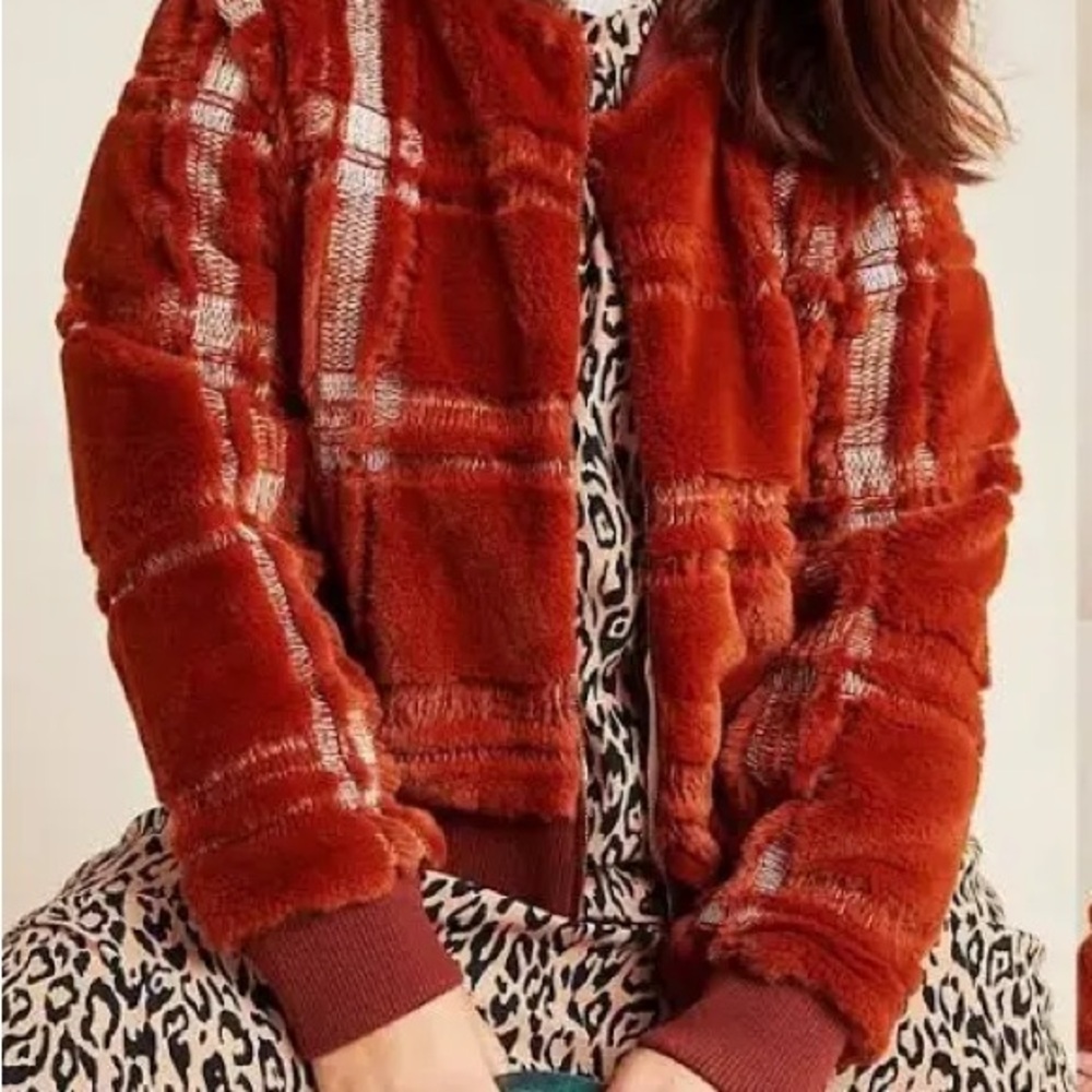Anthropologie Rust Plaid Bomber Jacket